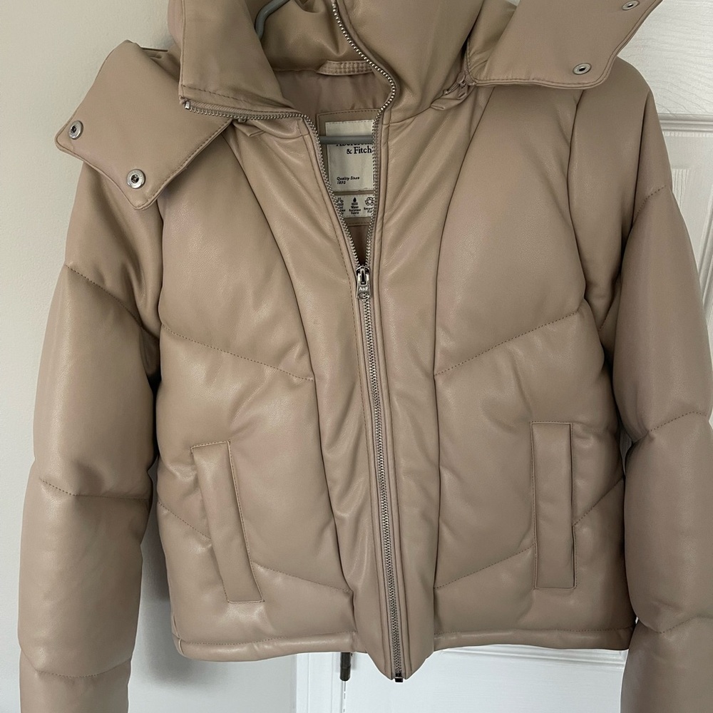 Abercrombie & Fitch Vegan Leather Jacket with Hood and Full-Length Zipper